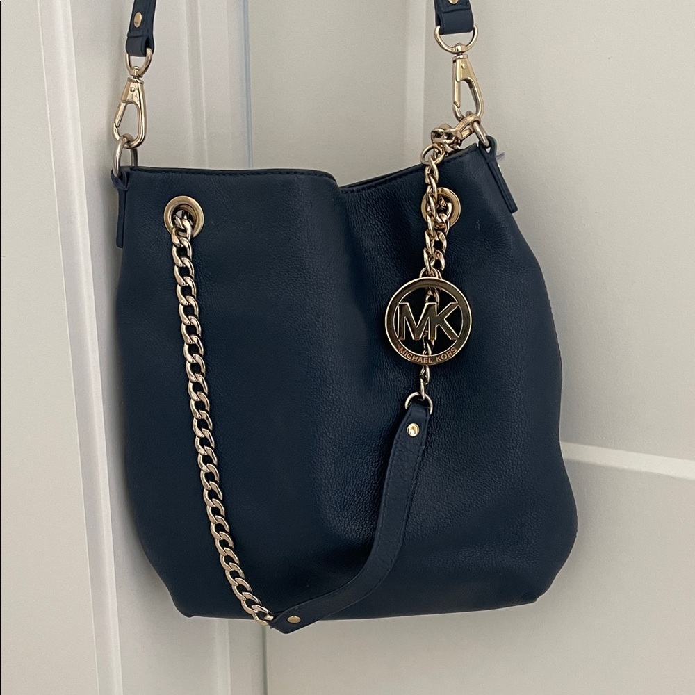 Michael Kors Dark Blue Shoulder Bag with Gold Accents